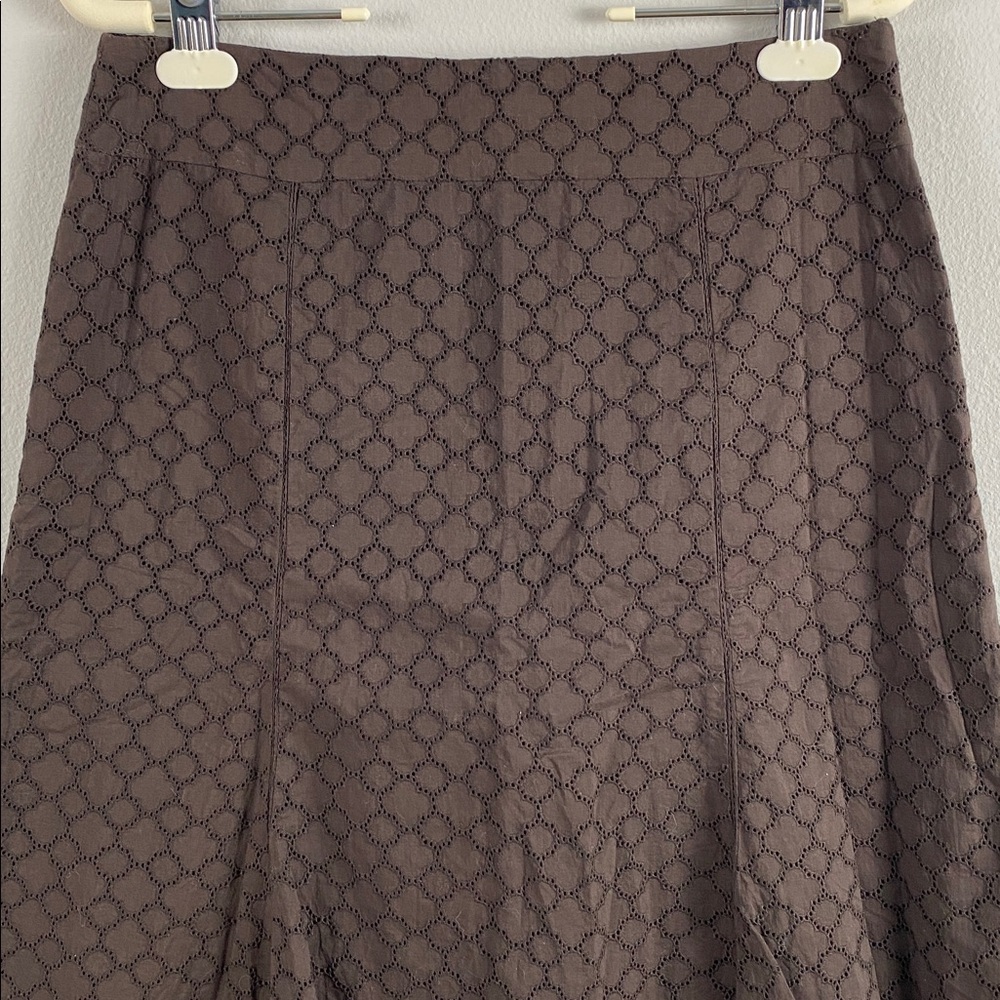 Cortefiel Boho Embroidered Eyelet Godet Skirt | Pleated, Lined, Side Zip | Brown - Picture 3 of 16